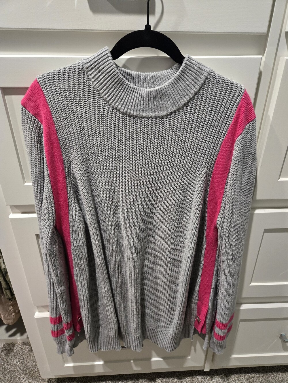 Grey Knit Sweater with Pink Sleeve Stripes